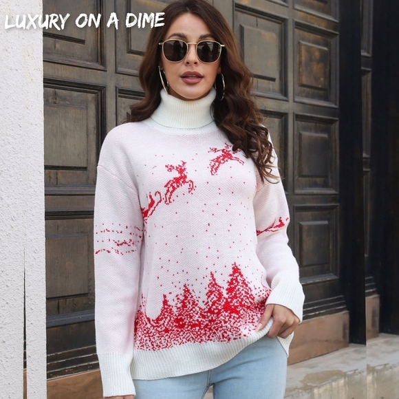 Luxury on a Dime Sweaters - Knit Turtleneck Santa Reindeer Classy Winter Christmas Scene Chic Sweater Top